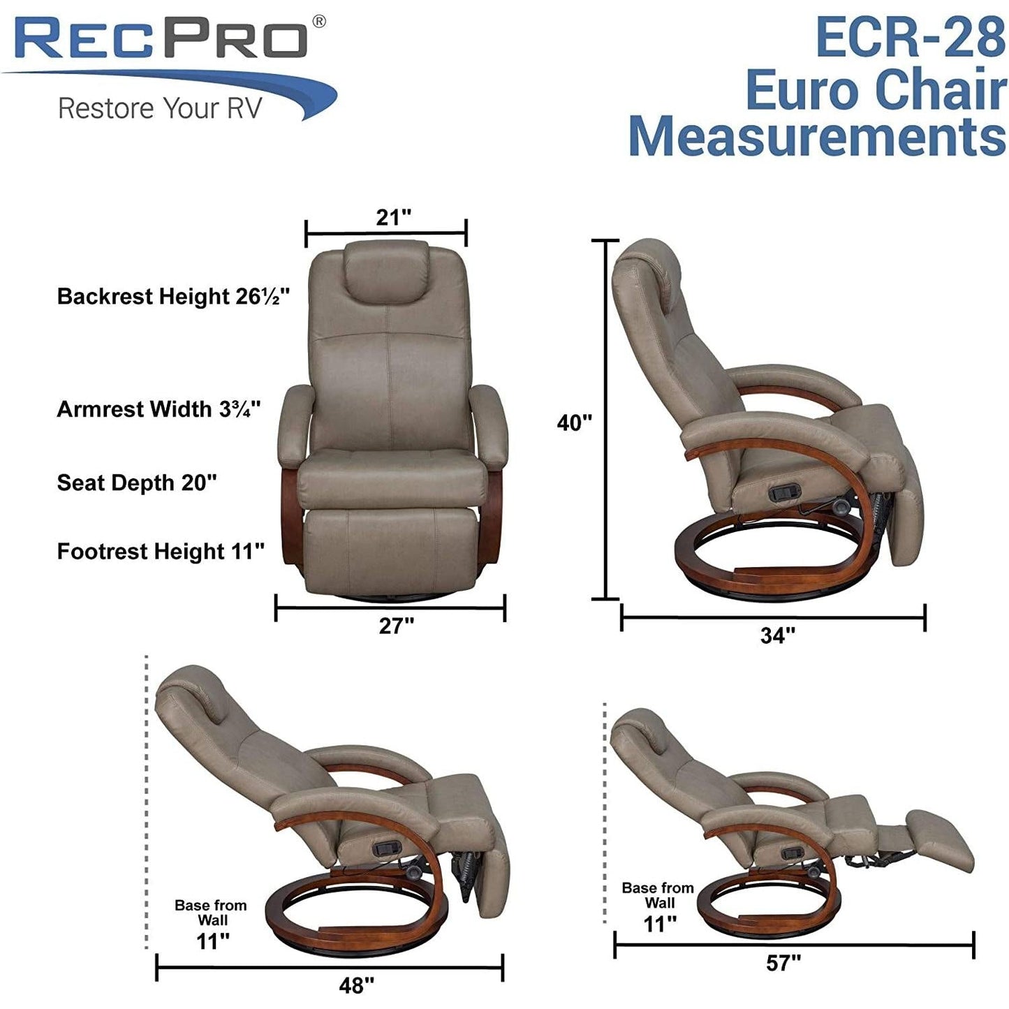 Charles 28in RV Euro Chair Recliner With Kickout Footrest