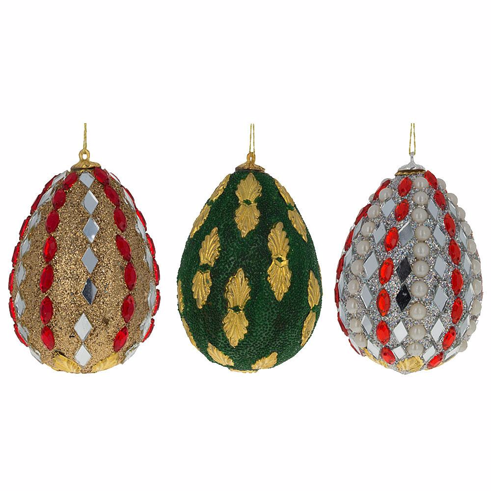 Set of 3 Mirrored and Golden Metal Leaf Wooden Egg Ornaments 3 Inches
