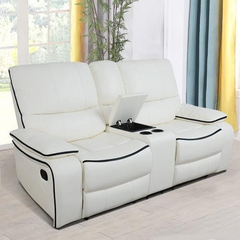 Creamy White Leather Recliner Sofa Set With Storage Console