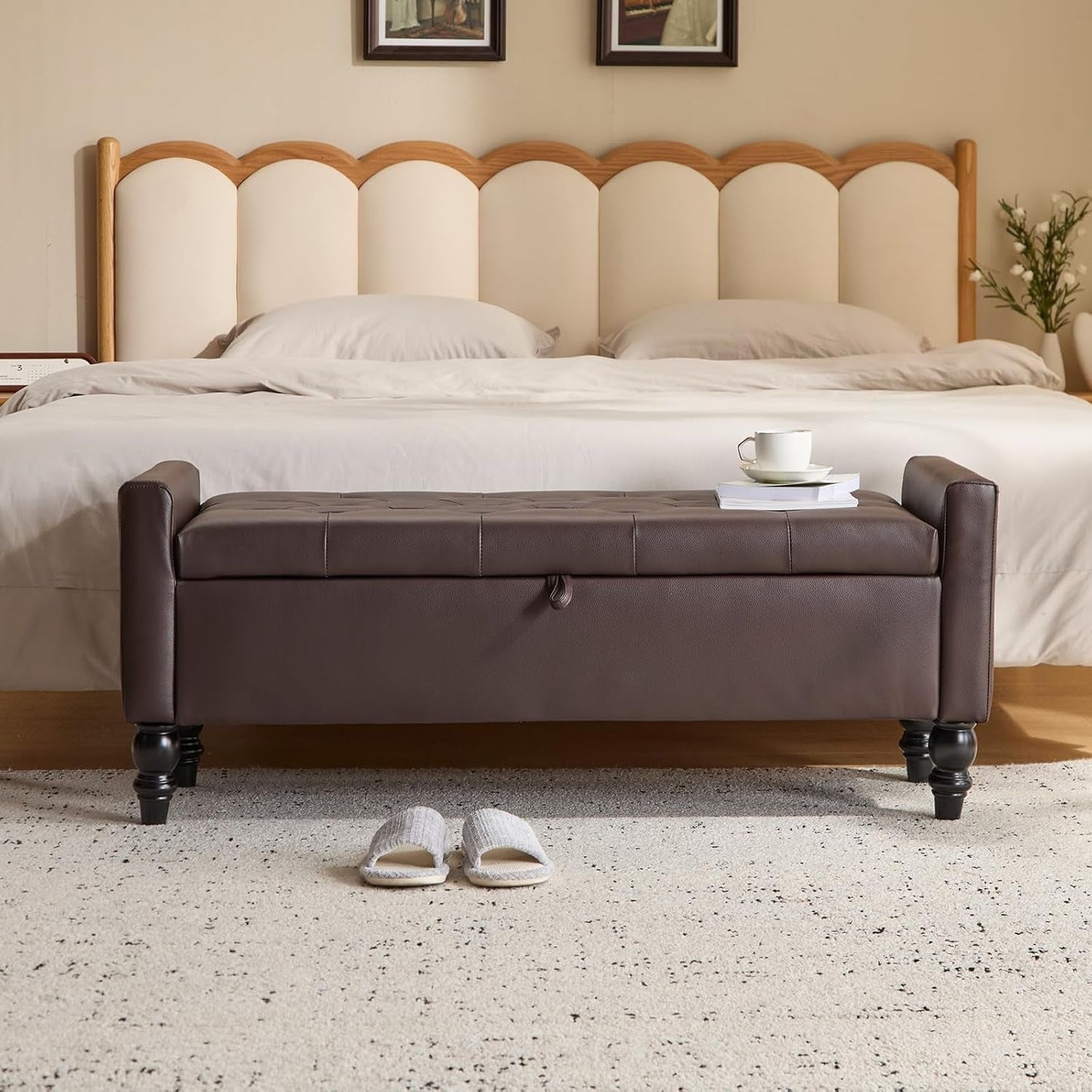 Brown Genuine Leather Storage Ottoman Bench Bedside