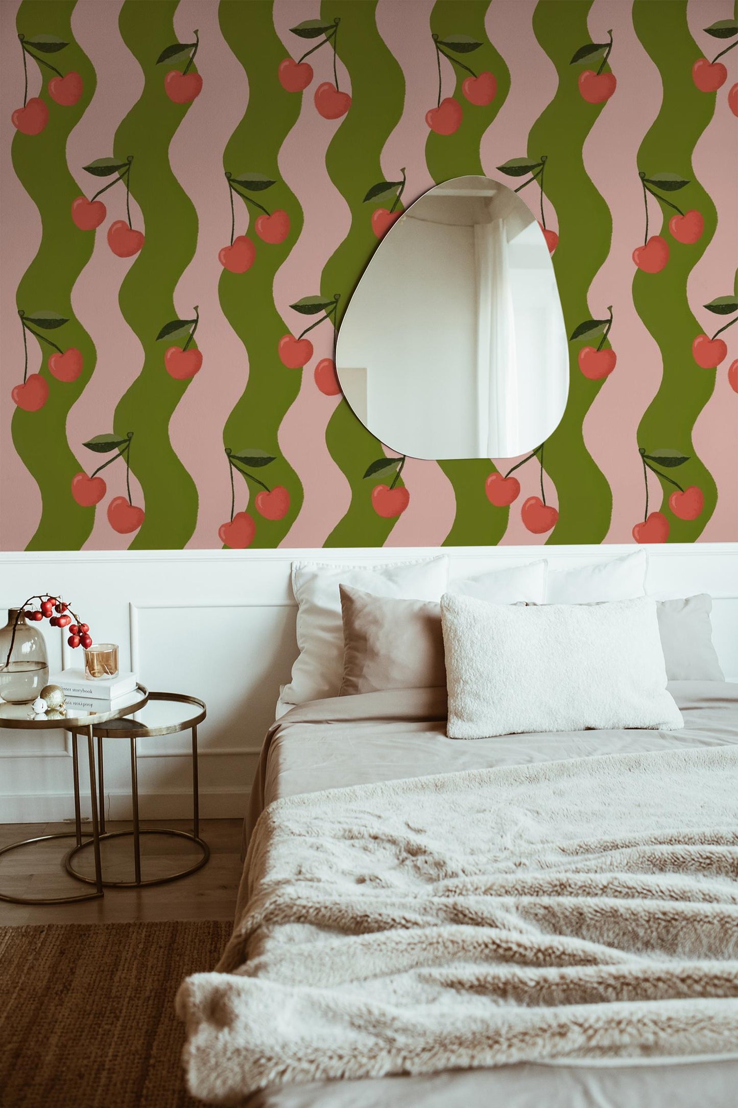 Wavy Cherry Wallpaper, pink & green