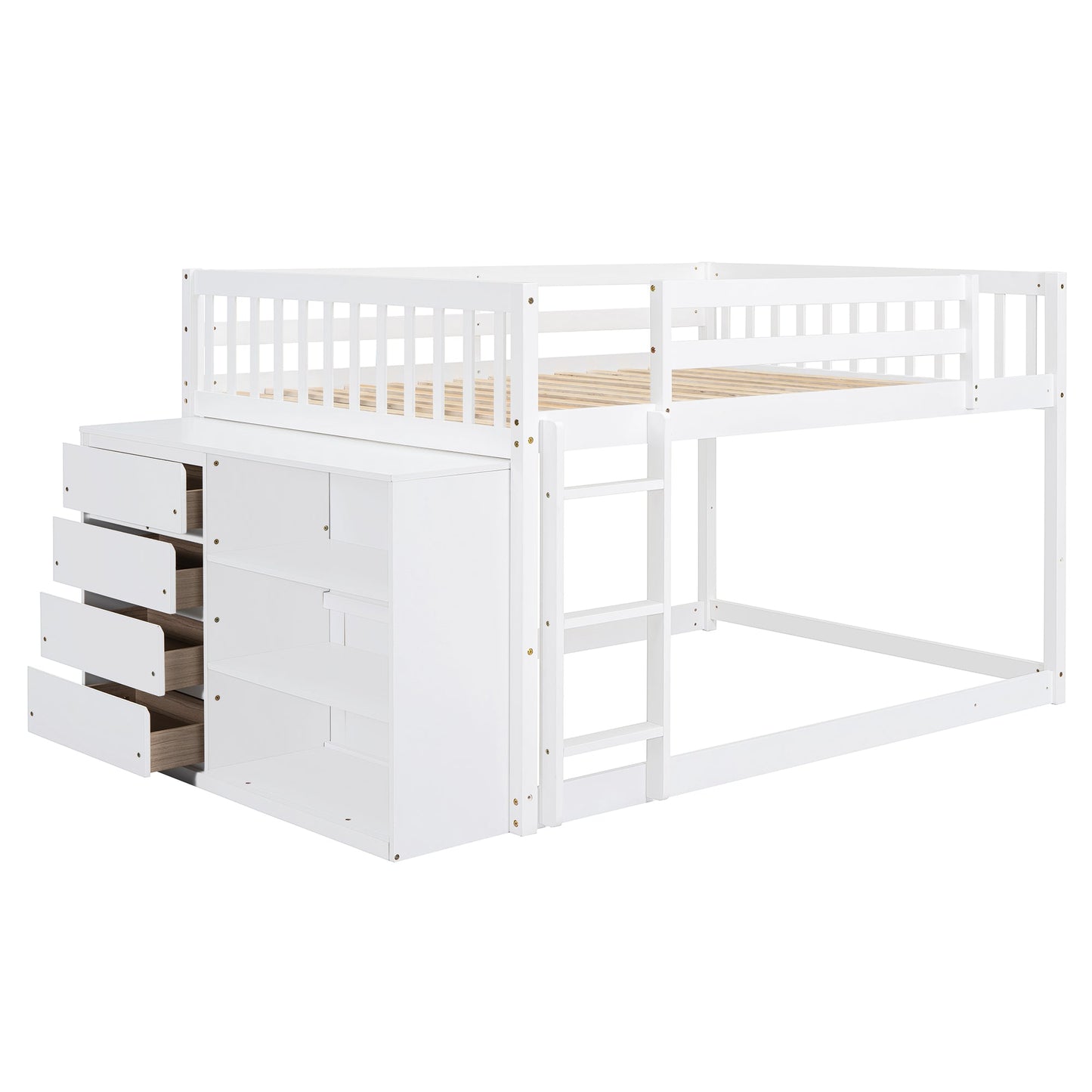 Full Over Full Bunk Bed with 4 Drawers and 3 Shelves - White
