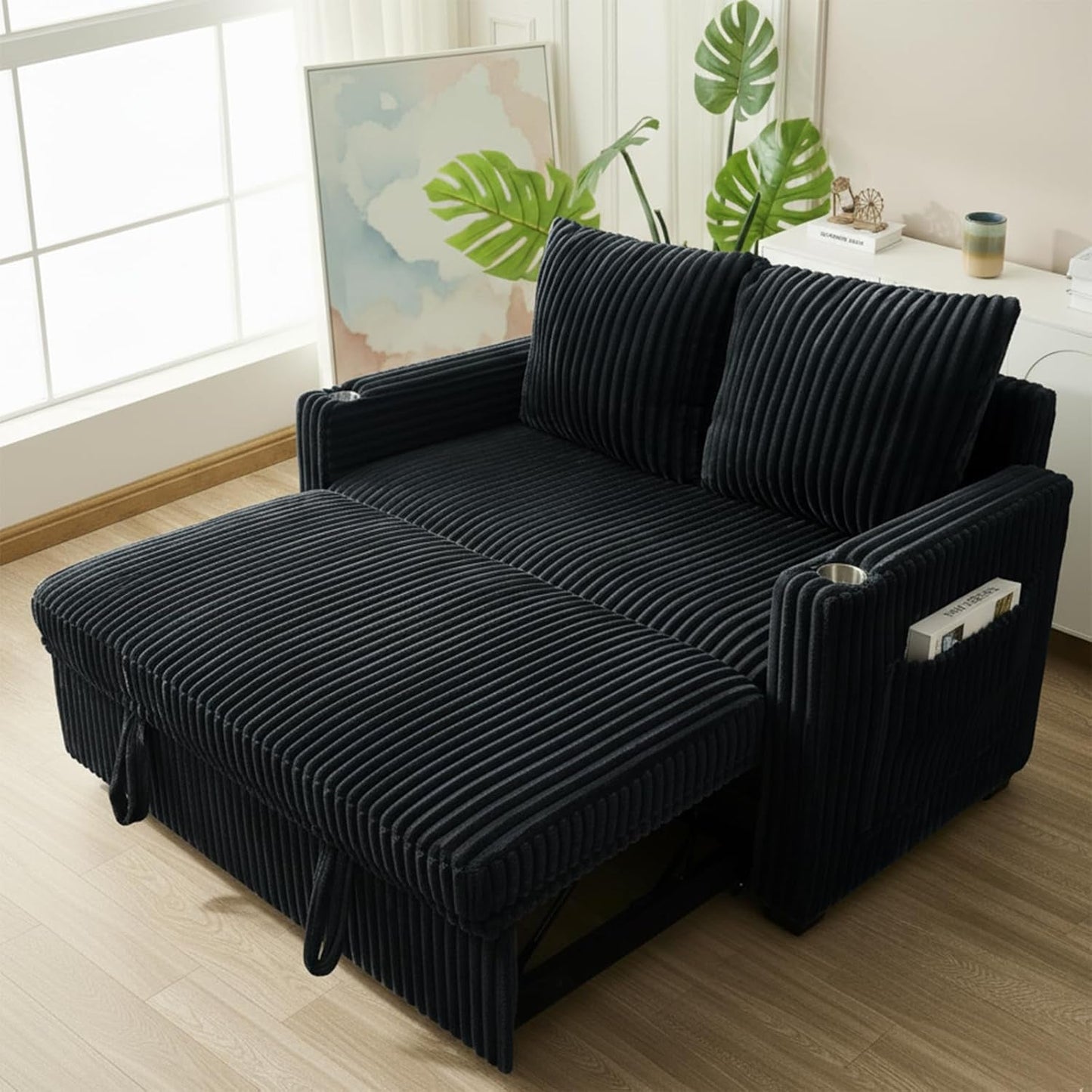 53 Inches Black Corduroy Fabric Sleeper Sofa USBPort