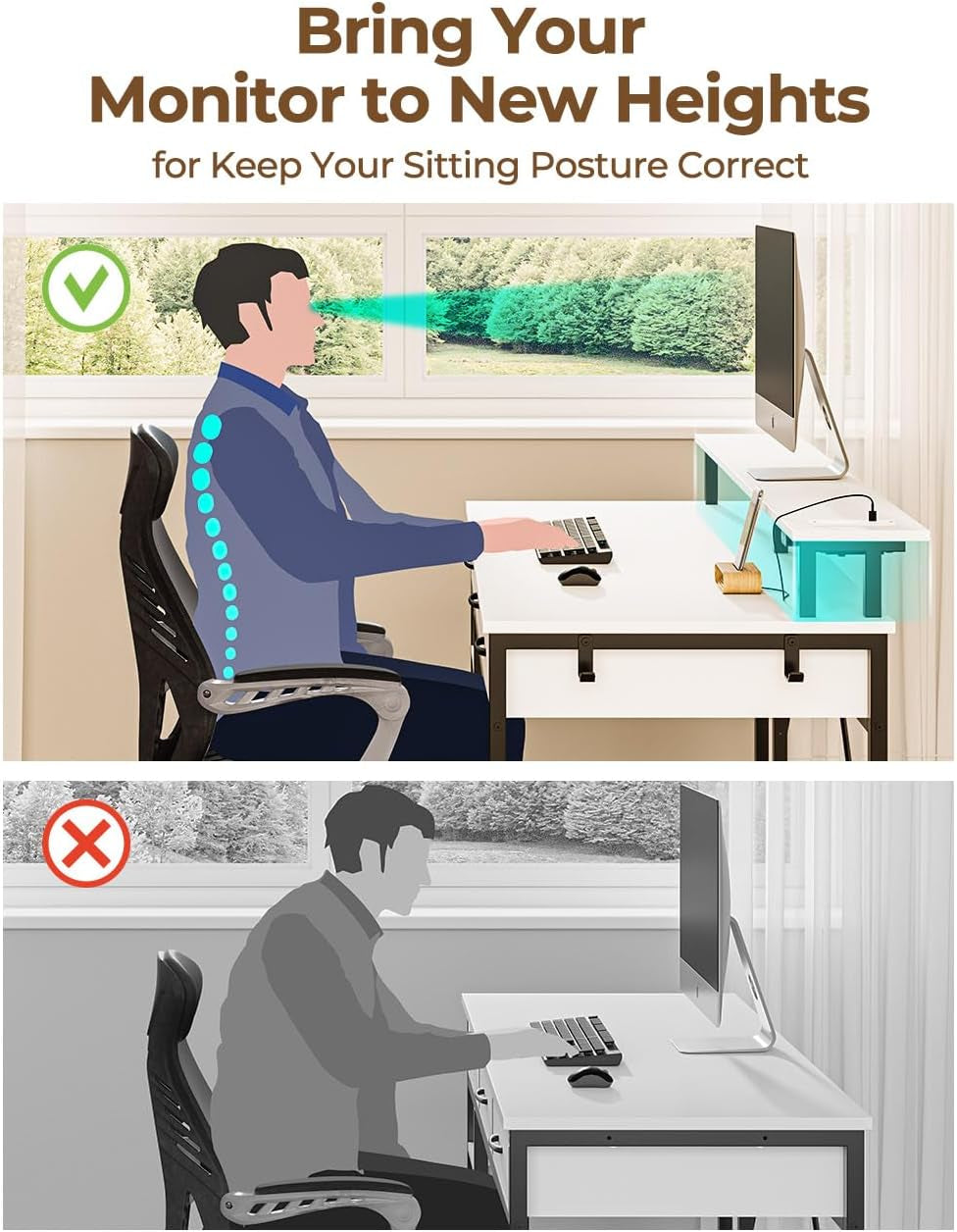 47 Inch White Computer Desk With Power Outlets And LED