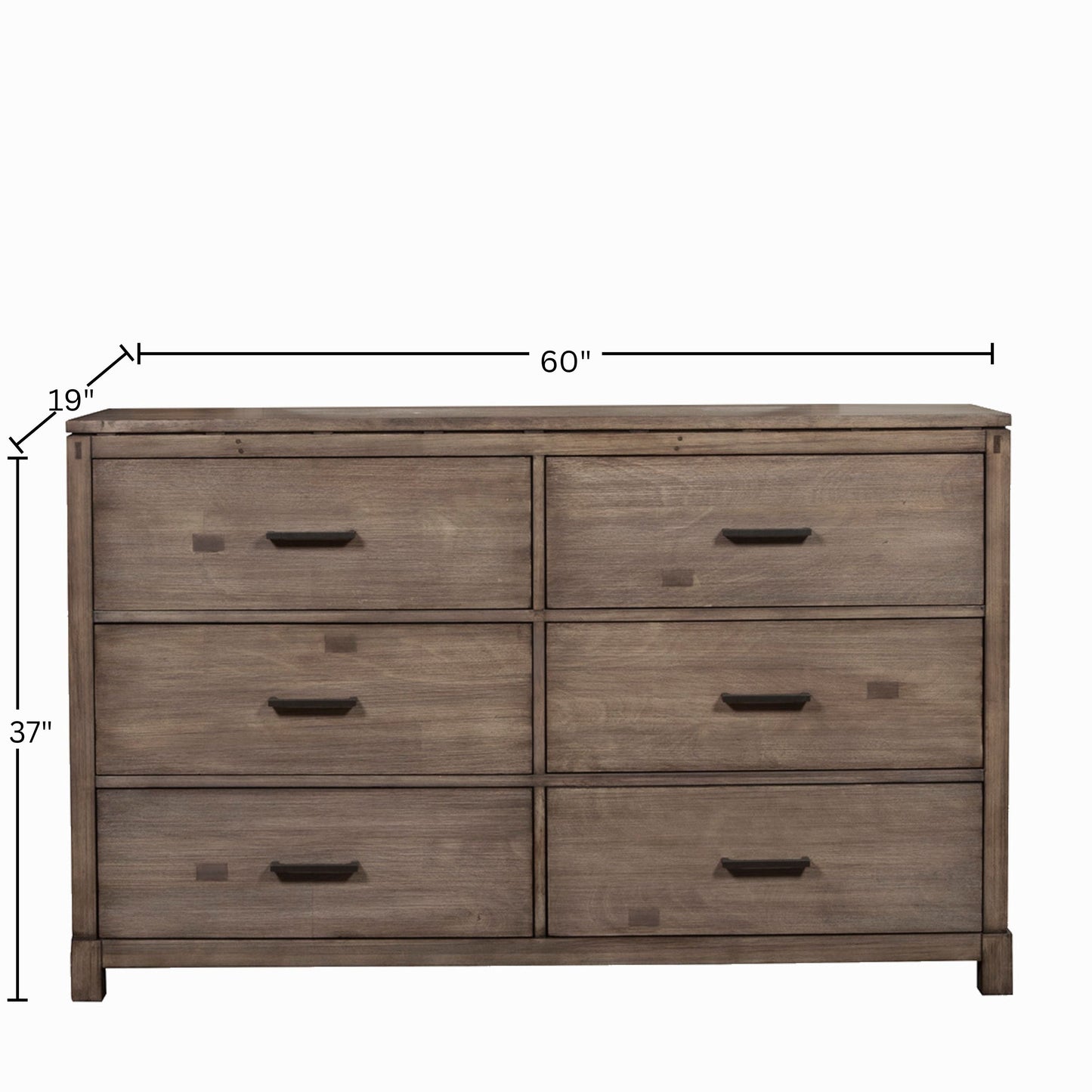 Sydney Dresser in Weathered Grey, showcasing 6 drawers and clean-lined metropolitan design with dimensions.
