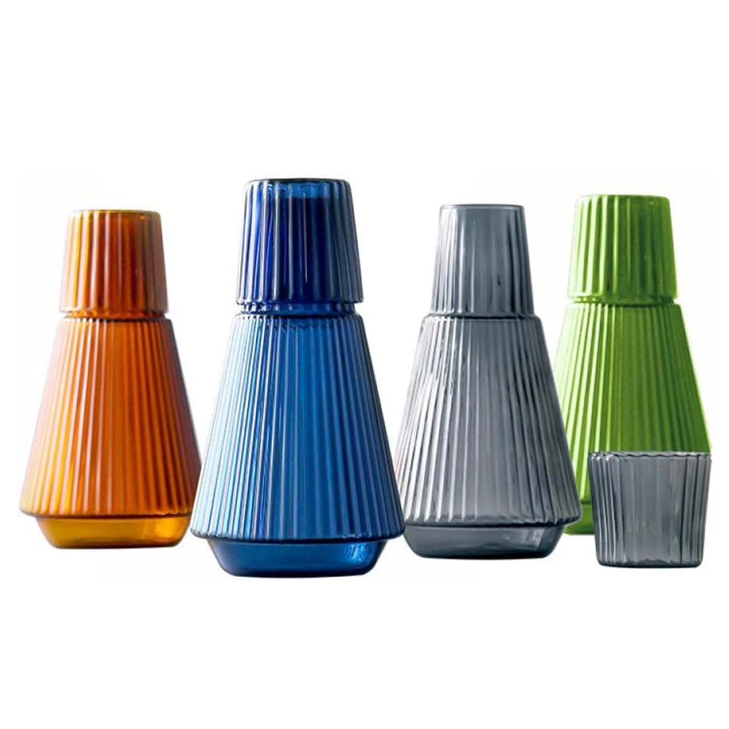 VINTAGE RIBBED BLUE 2 PC WATER CARAFE SET: BOTTLE, CUP