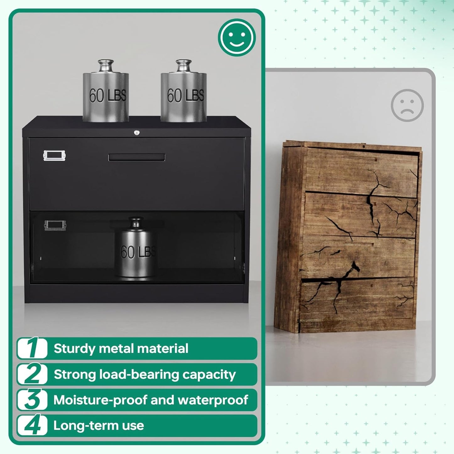 Metal Lateral File Cabinet With Lock 2 Drawer Black Steel