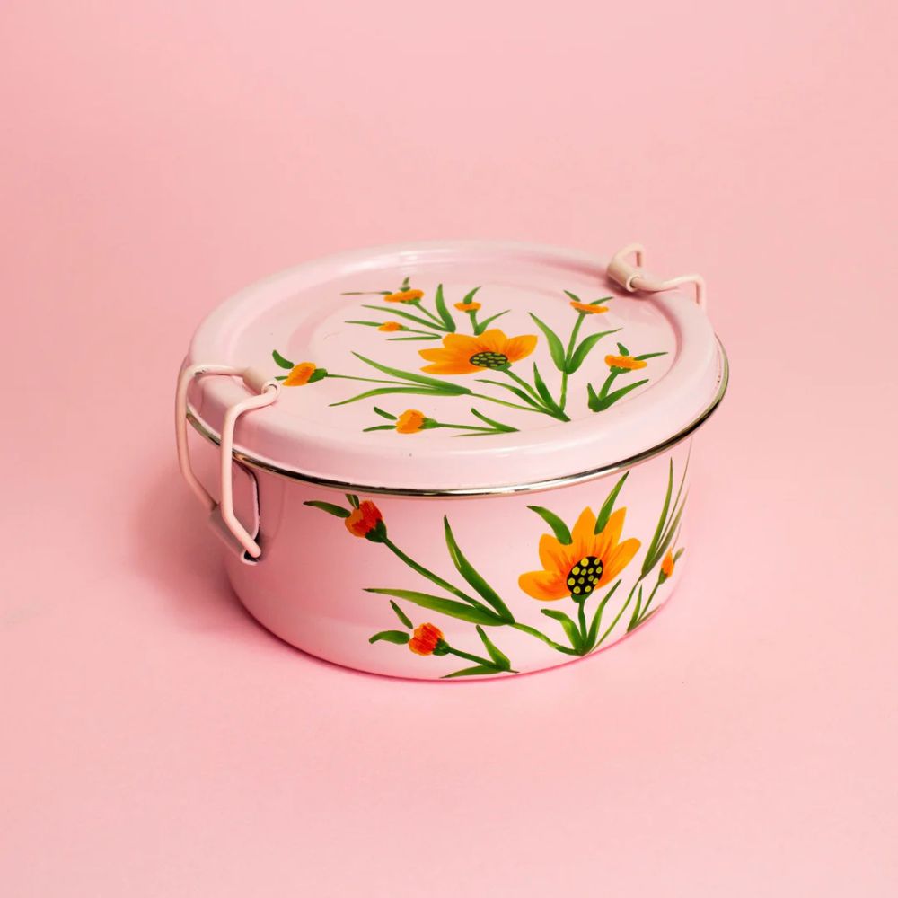 Round Steel Tiffin Container - Pink Floral 4.75"