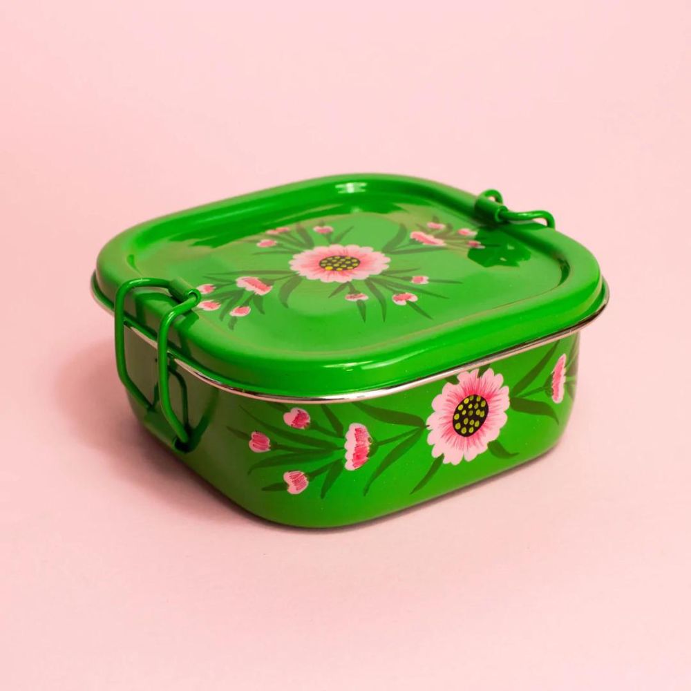 Square Steel Tiffin Container - Green Floral 4.5"