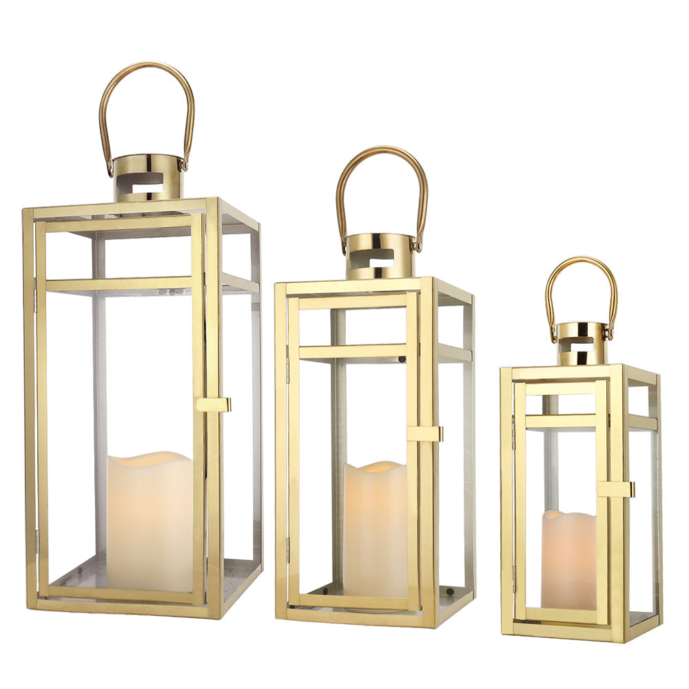 Set of 3 Stainless Steel Lanterns Gold featuring three different sizes for versatile decoration.
