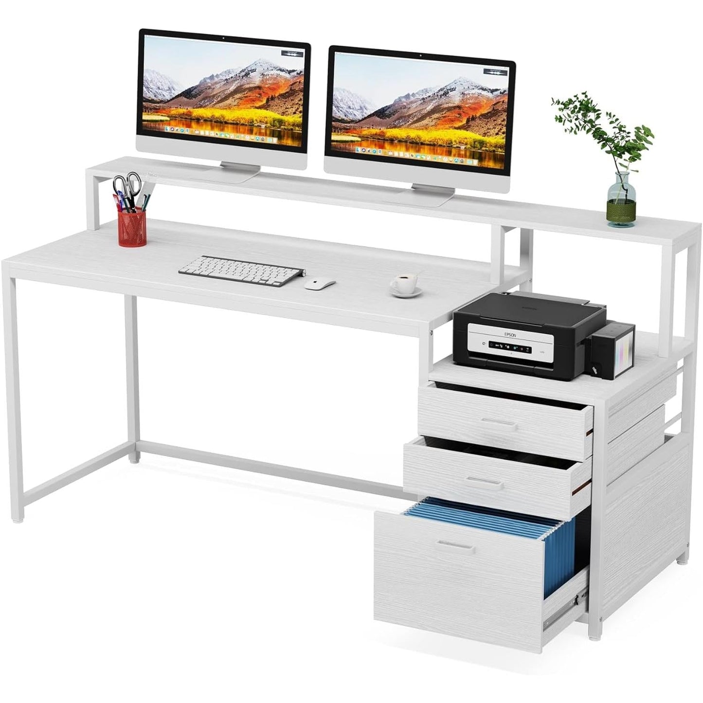 White Computer Desk With File Cabinet And Monitor Stand
