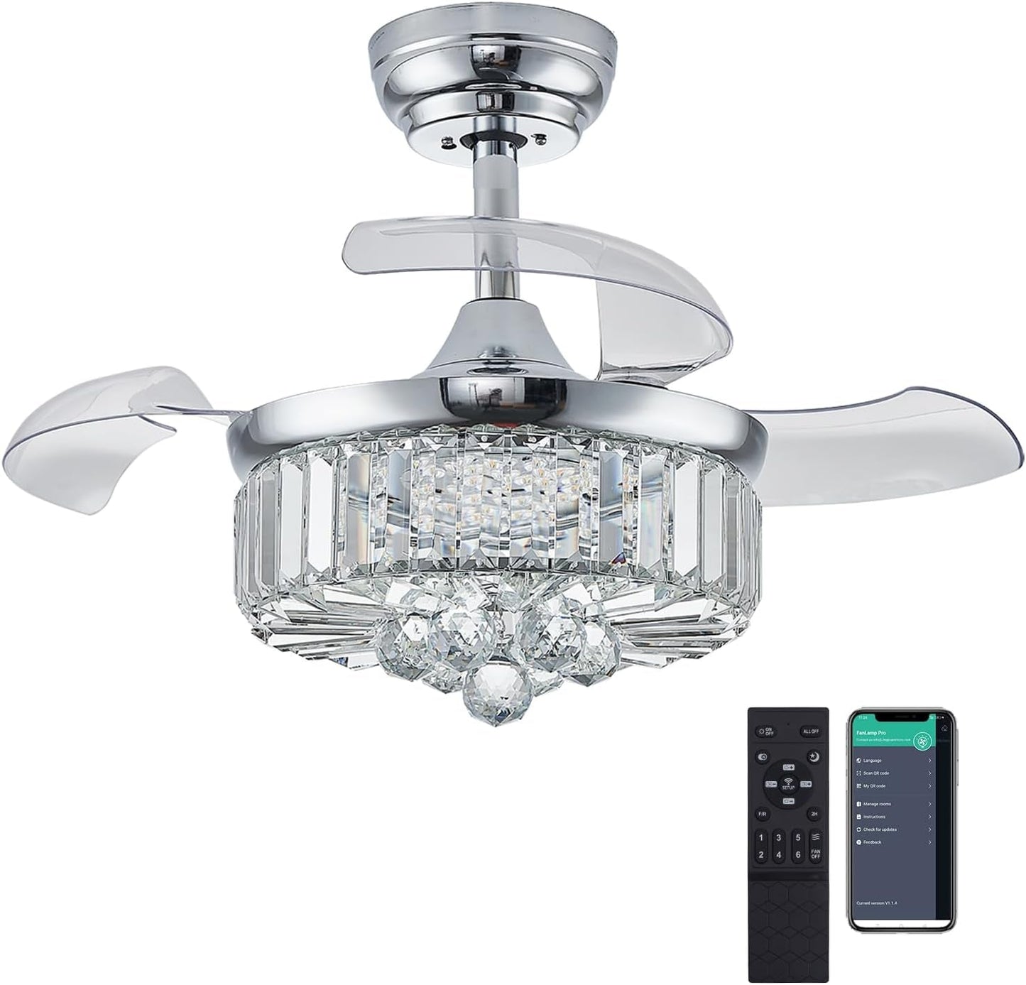 30 Inch Crystal Chandelier Ceiling Fan With Retractable Blades