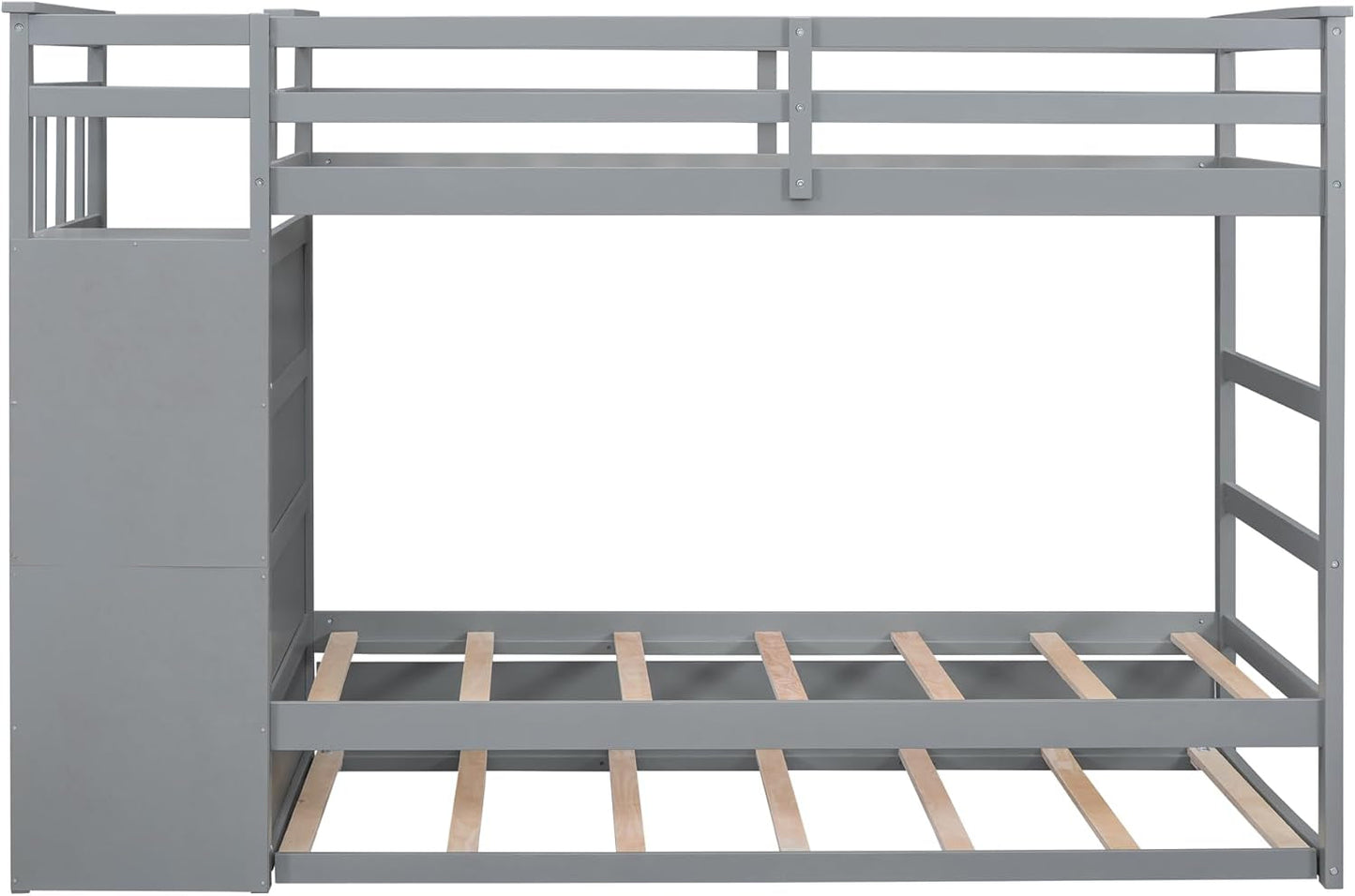 Natural Gray Twin Bunk Bed With Trundle And Stairs
