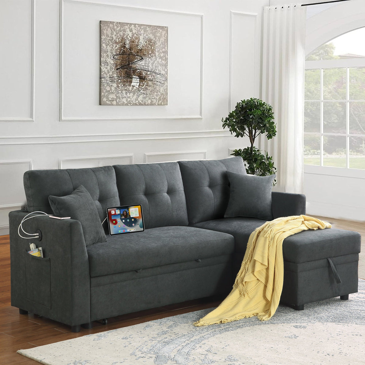 Reversible L-Shaped Sofa Bed with USB Port