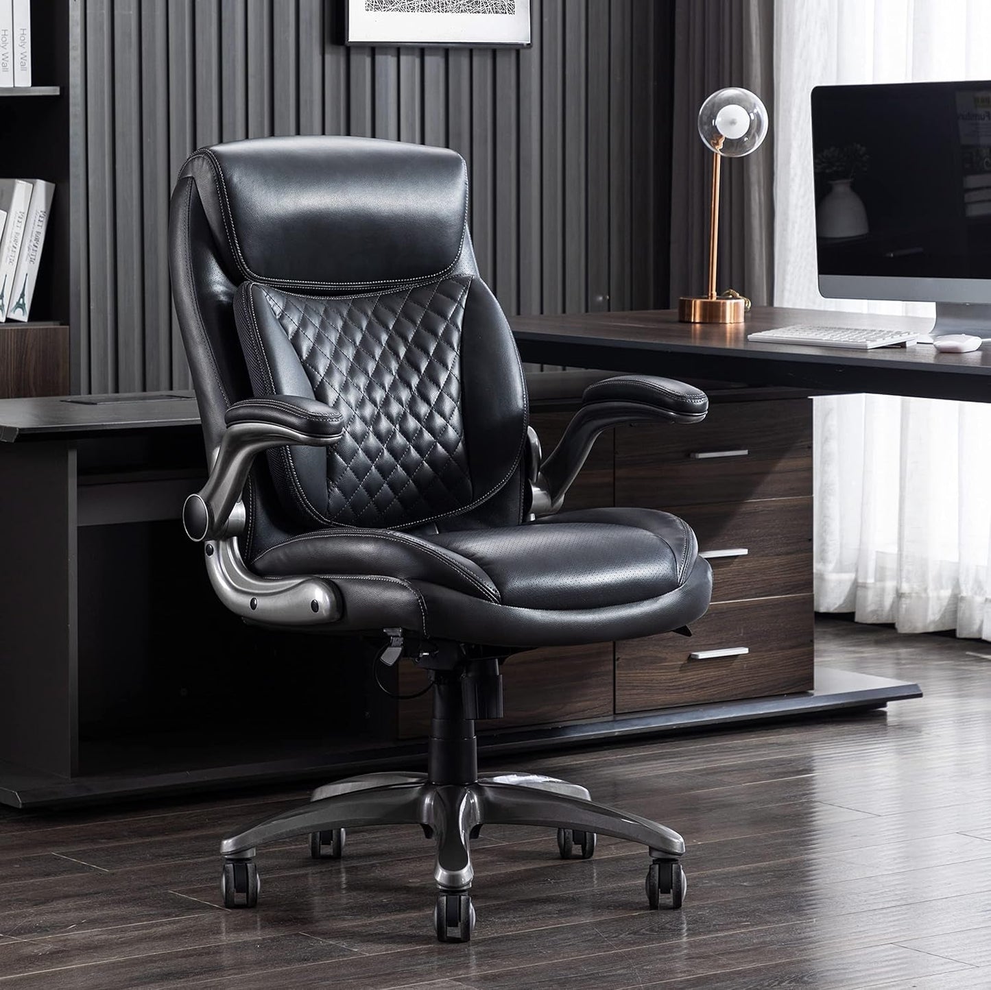Ergonomic Grey Leather Desk Chair With Adjustable Height