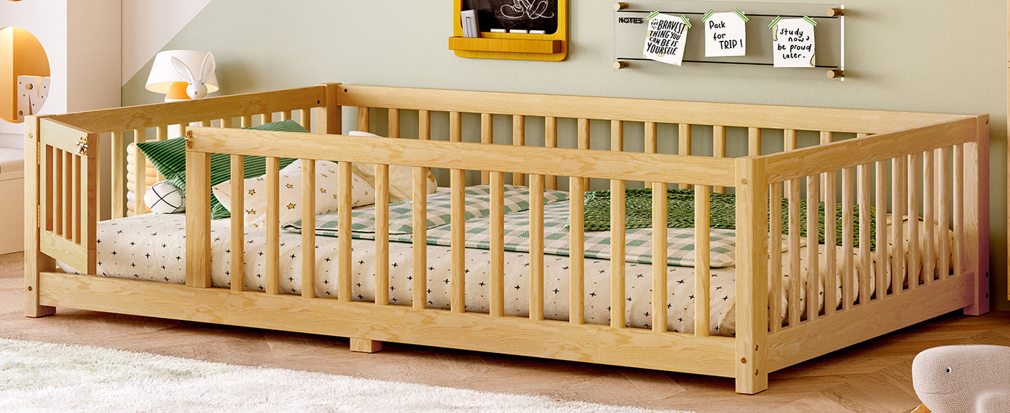 Full Size Bed Floor Bed with Safety Guardrails and Door for Kids, Natural(Old SKU: W1580P154627)