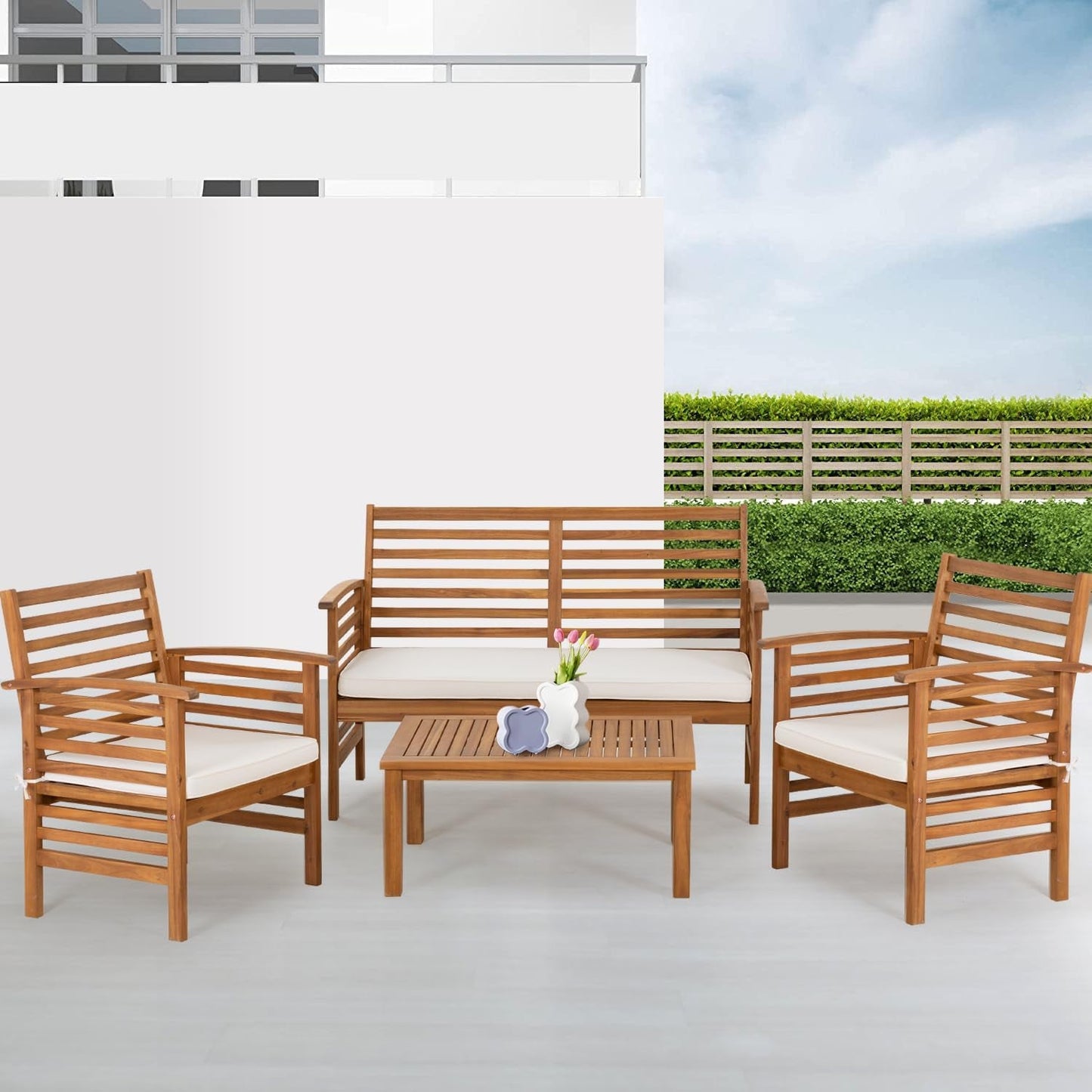 Outdoor Wood Sofa Set Natural Acacia With Thick Cushions