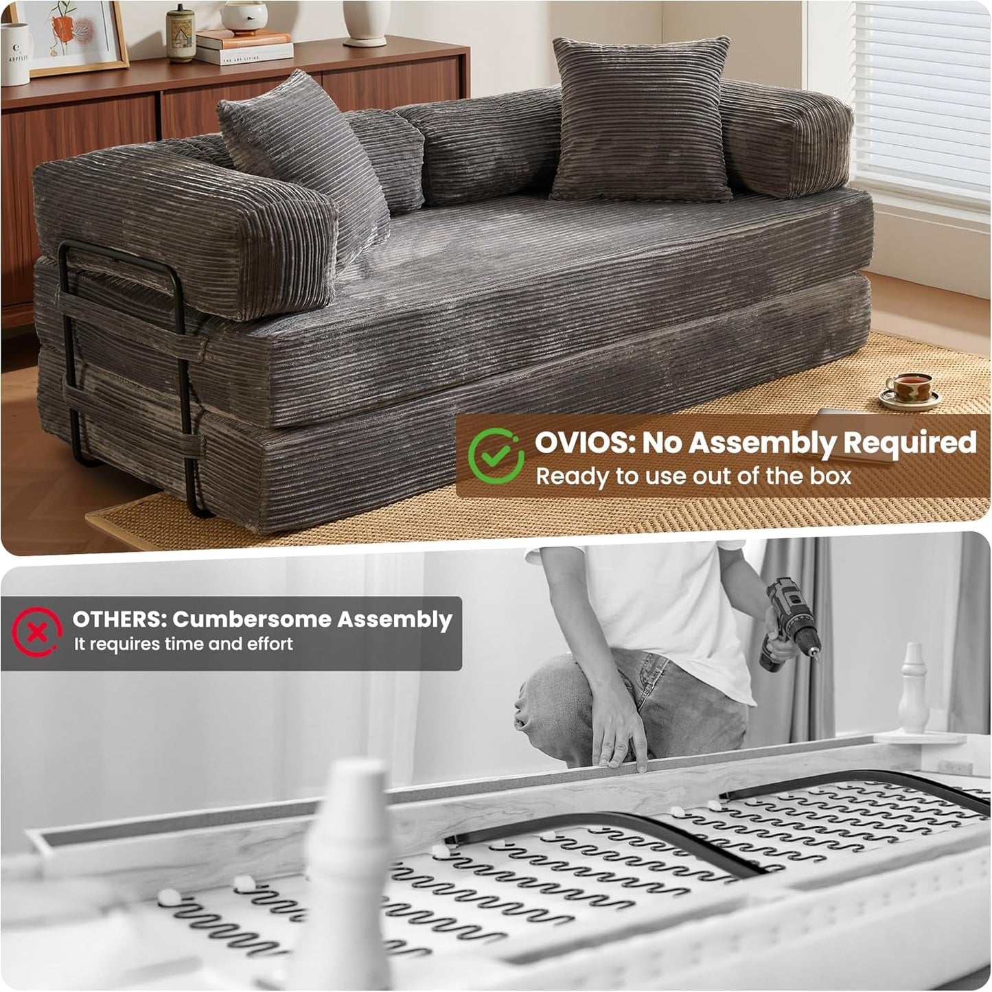 Grey Corduroy 81 Inch Ultracomfort Foldable SofaBed