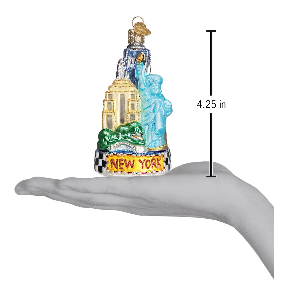 New York City Ornament featuring iconic landmarks held in a hand, showcasing its 4.25 in height.