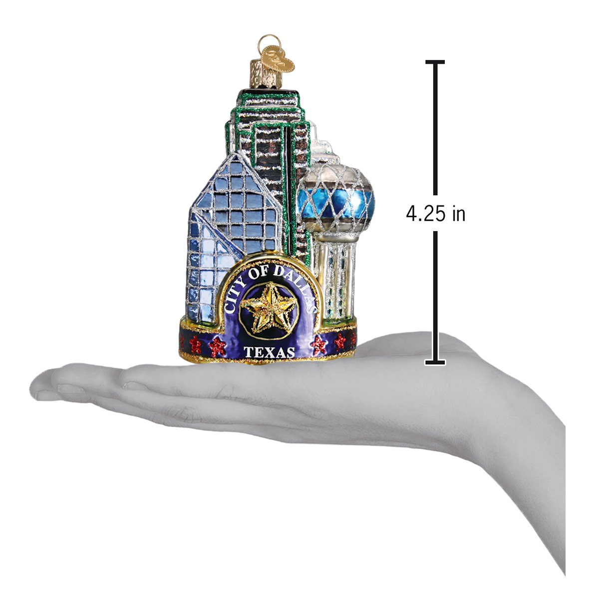 Dallas City Ornament displayed in hand, showcasing iconic buildings like Reunion Tower and Bank of America Building.