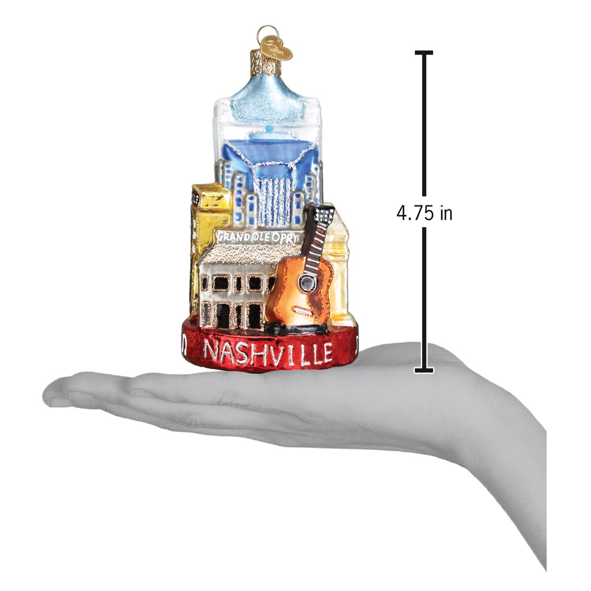 Nashville Ornament displayed in hand, featuring landmarks and iconic symbols of Music City.