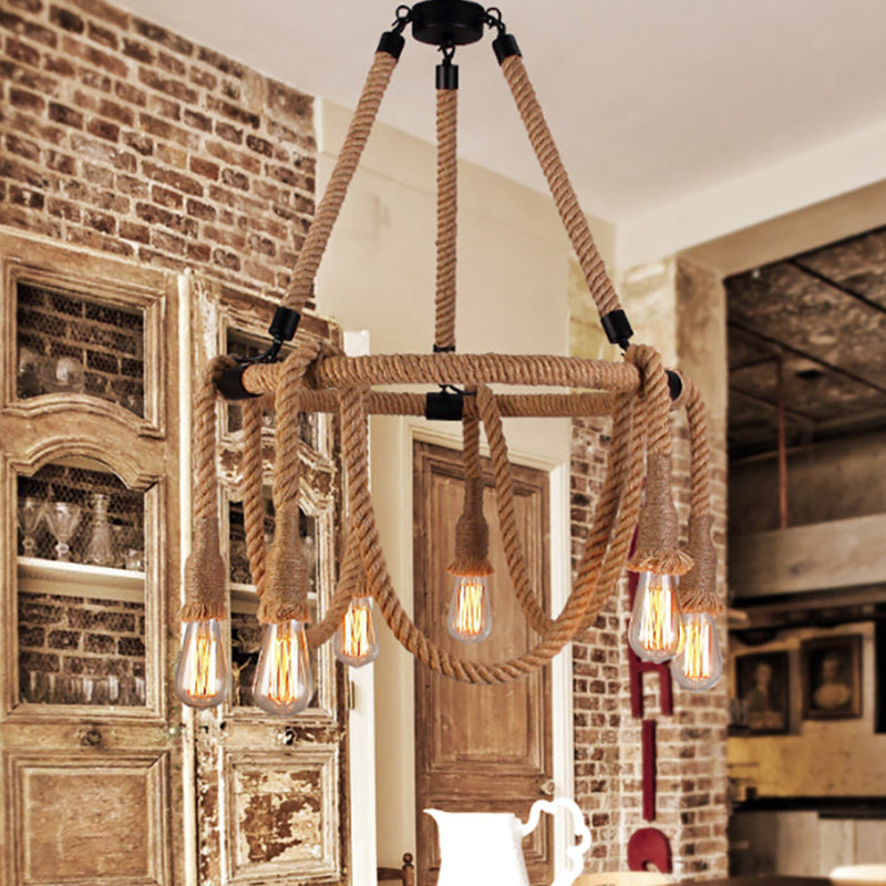 Embrace Exposed Bulb Elegance: The Antiqued Beige Hemp Rope Chandelier