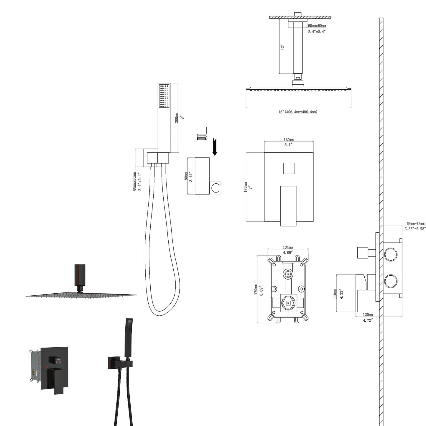 Dual Shower Head - 16 Inch Ceiling Mount Square Shower System