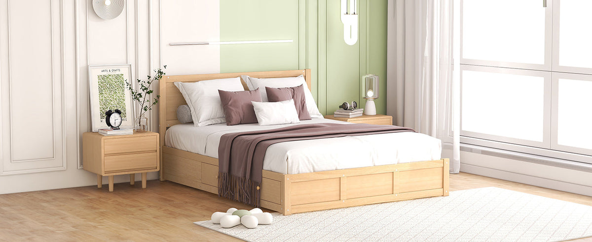 Queen Size Wood Platform Bed with Underneath Storage and 2 Drawers