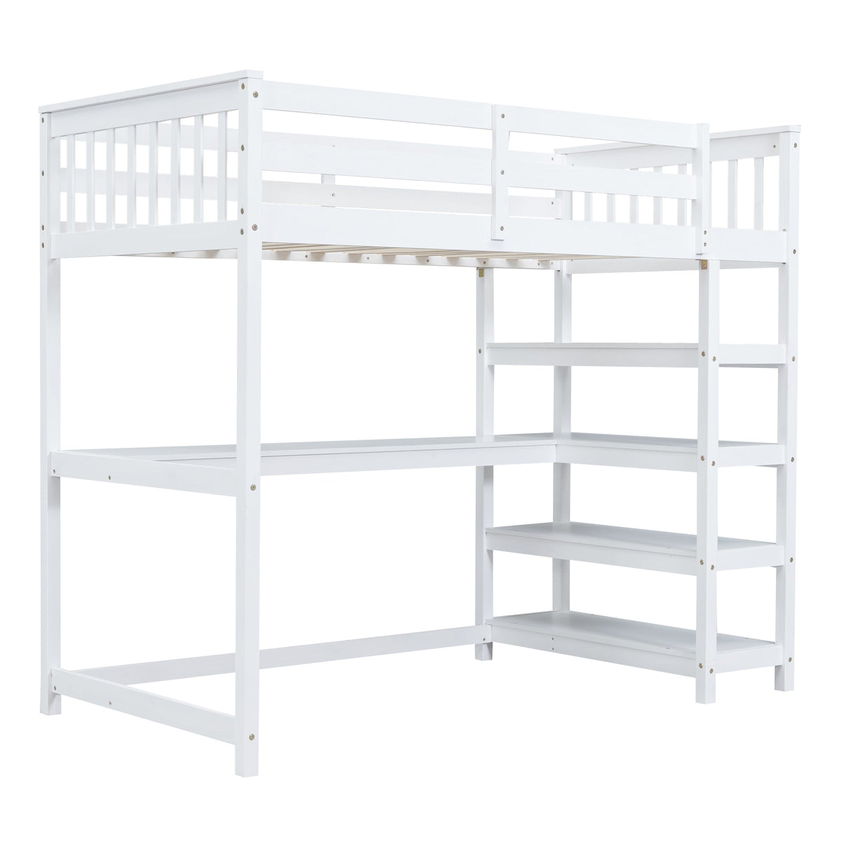 Twin Size Loft Bed with Storage Shelves and Under-bed Desk