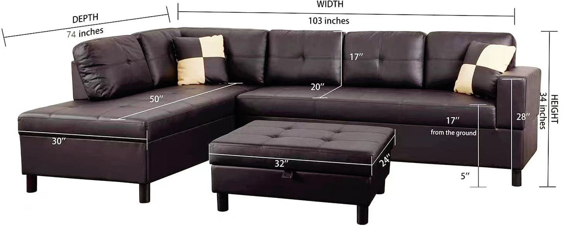 3 PC Sectional Sofa Set - Brown Faux Leather