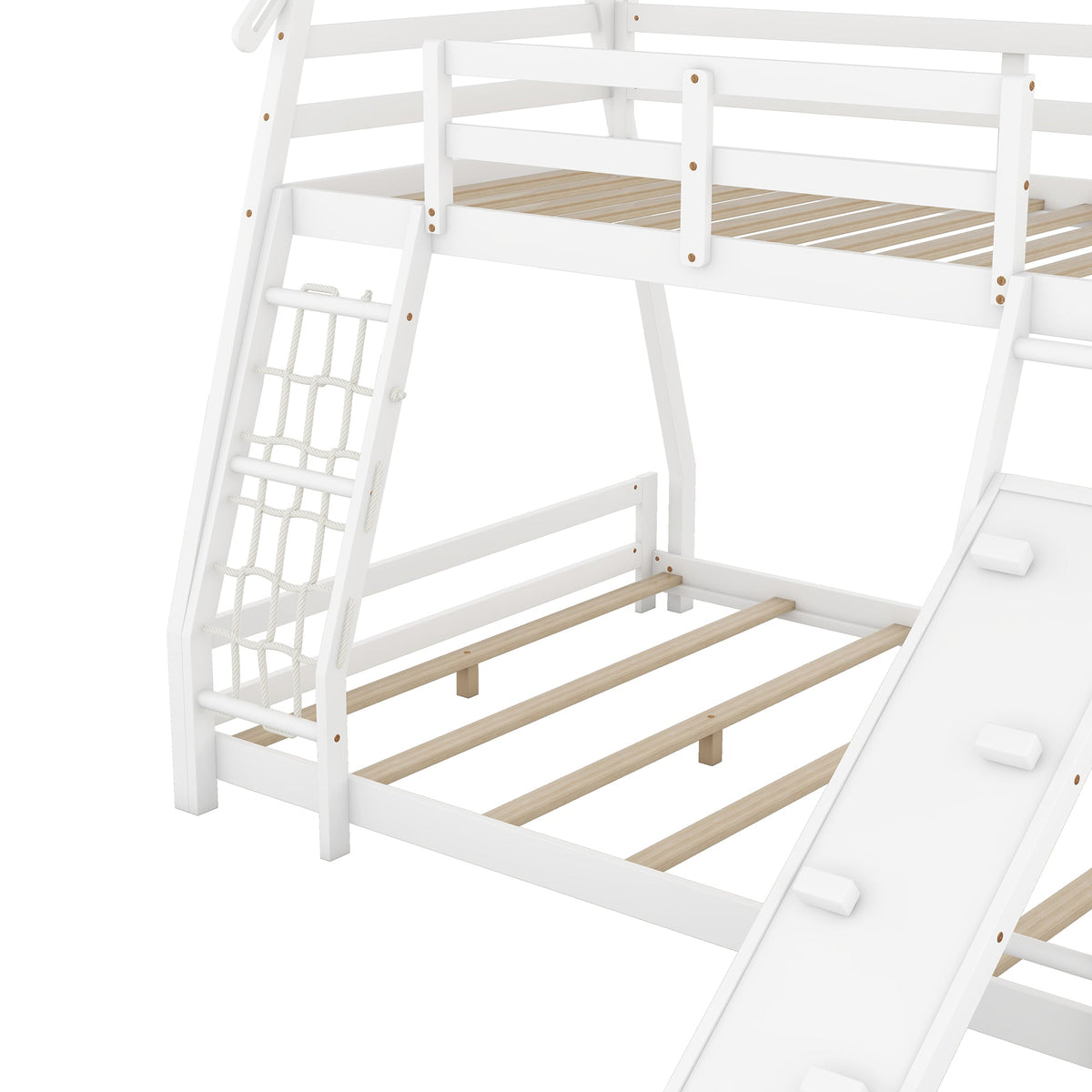 Twin Over Queen House Bunk Bed with Climbing Nets and Climbing Ramp
