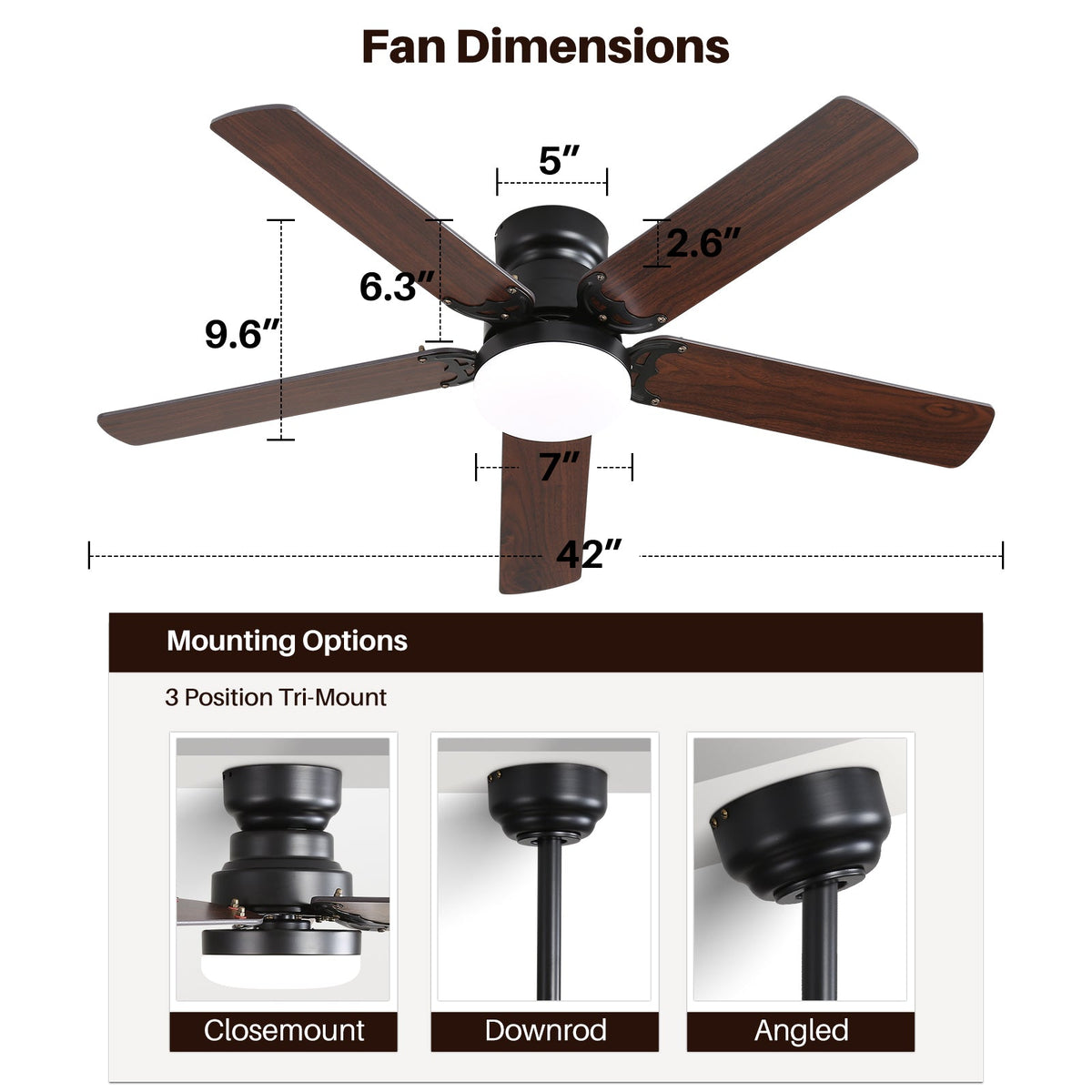 Low Profile 42 Inch Ceiling Fan With LED Light