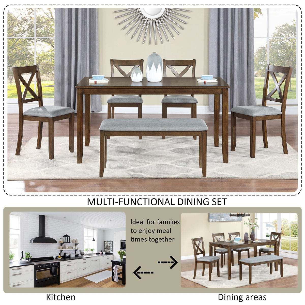 6 Piece Kitchen Dining Set (Table + Chairs + Bench)