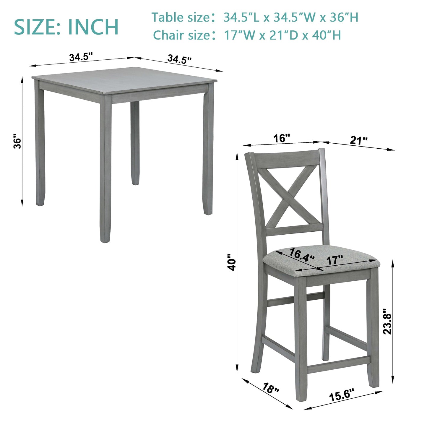 5 Piece Dining Table Set - Wooden Square Table and Upholstered Chairs