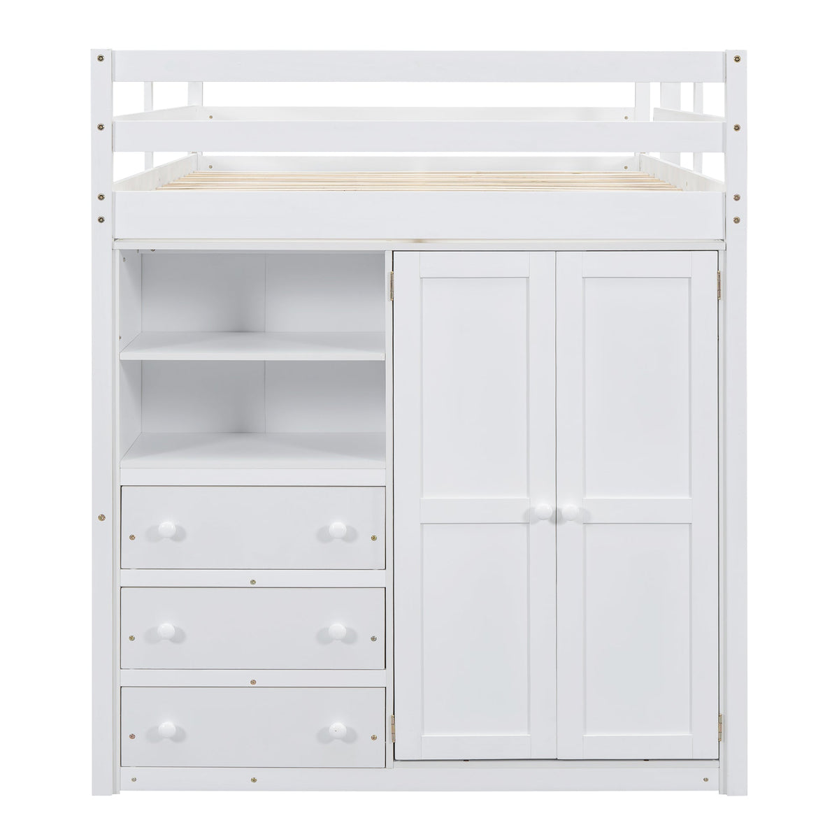 Wood Full Size Loft Bed with Built-in Wardrobe, Desk, Storage Shelves and Drawers