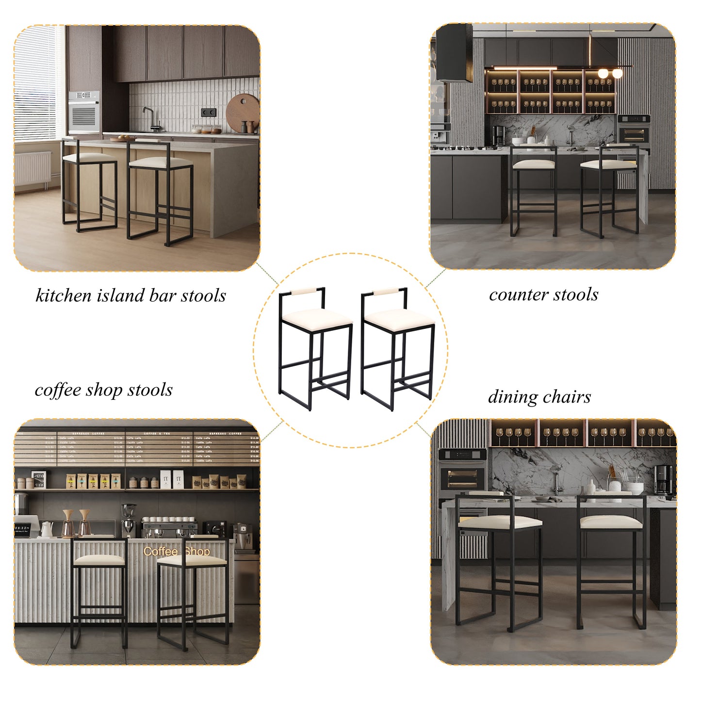 Set of 2 Barstools - Faux Leather Upholstered Modern Metal Frame