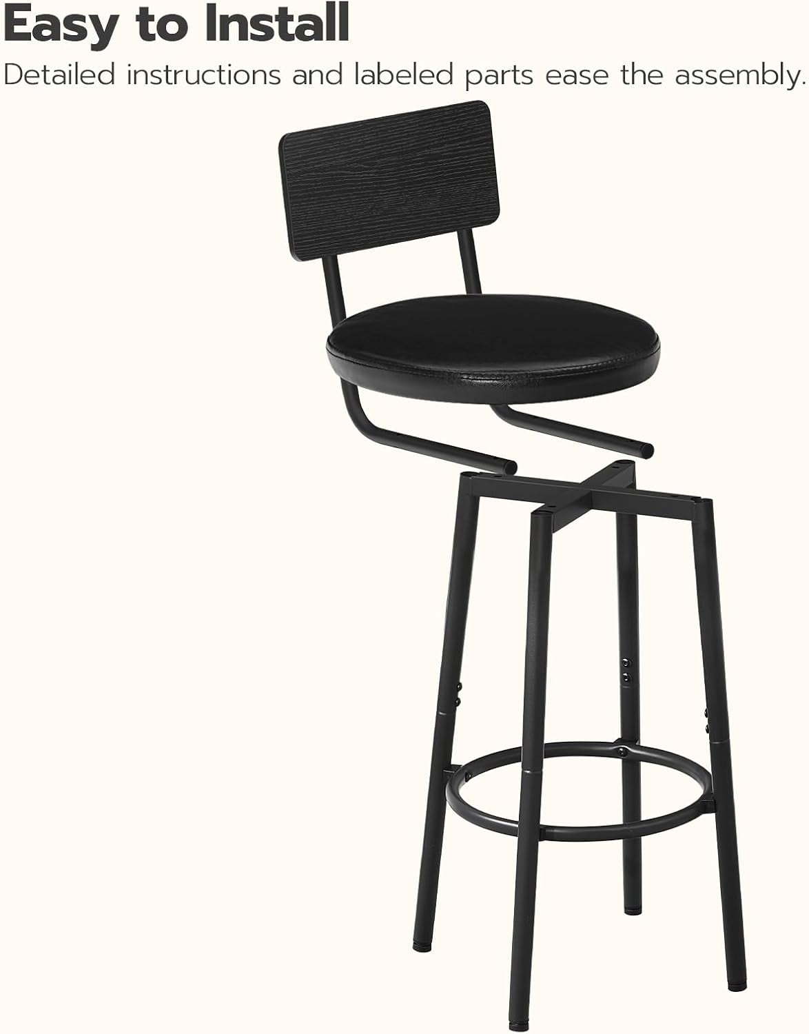 26 Inch Black PU Upholstered Bar Stools Set Of 2 With Back And Footrest