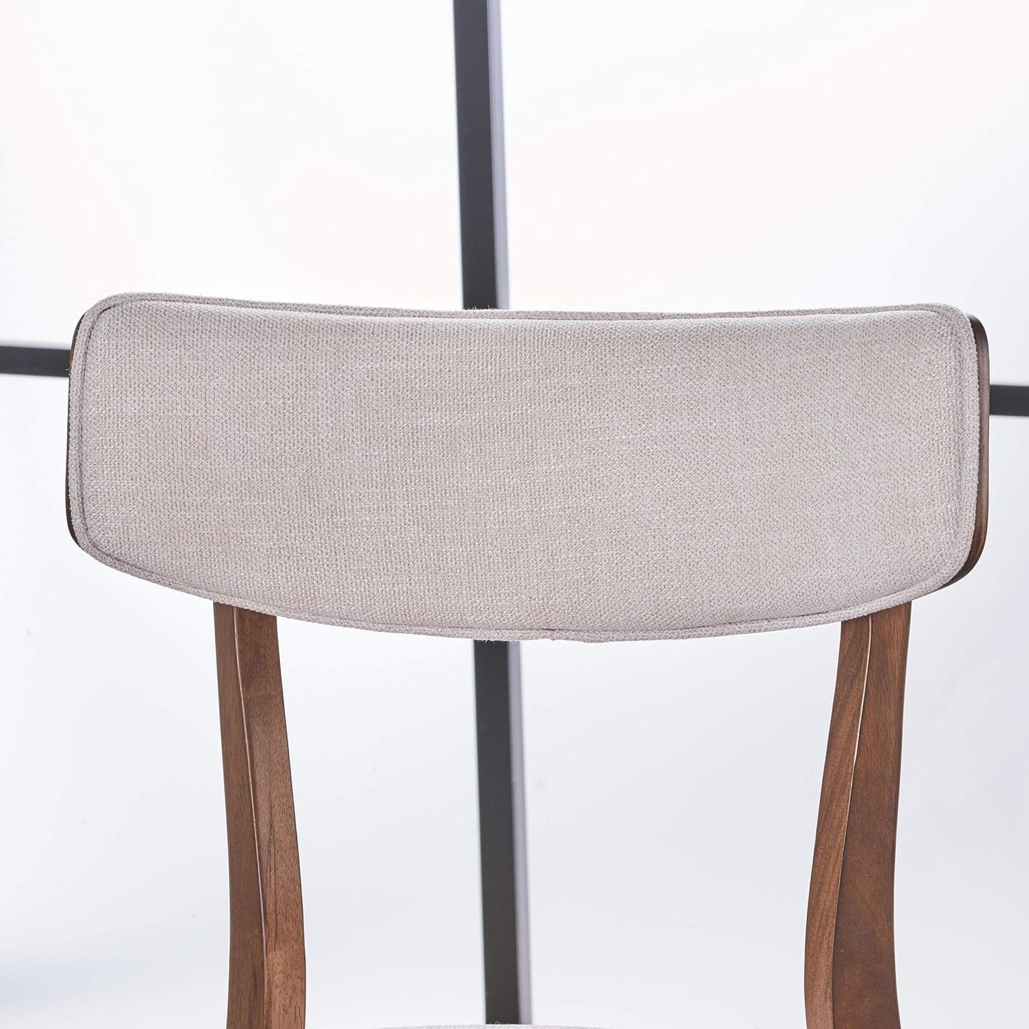 Mid Century Walnut Frame Dining Chairs Light Beige Set 2