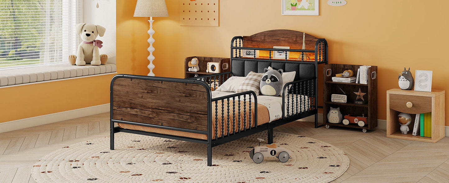 Twin Size Metal Platform Bed Frame with Light, Kids Twin Metal Bed with Upholstered and Pull Out Storage Shelves, Black (Expect Arrival Date 2025/10/5)