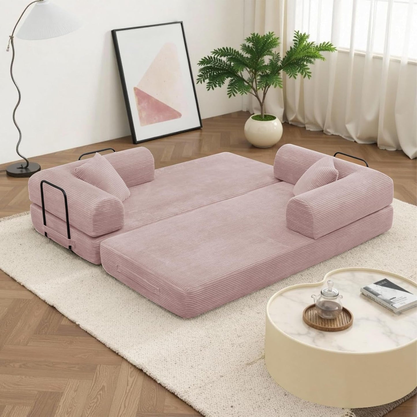 Transformable Sofa Bed QueenSize Pink Folding Frame