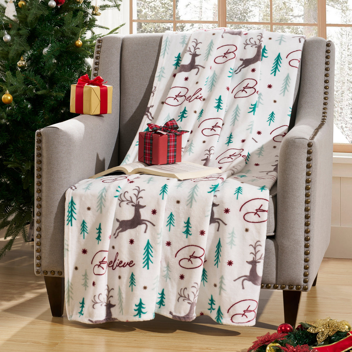 Kathy Ireland Holiday Print Plush Flannel Throw Blanket