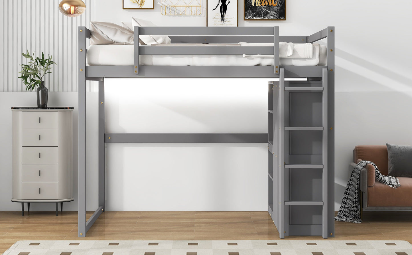 Wood Full Size Loft Bed With Built-in Wardrobe and Storage Shelves