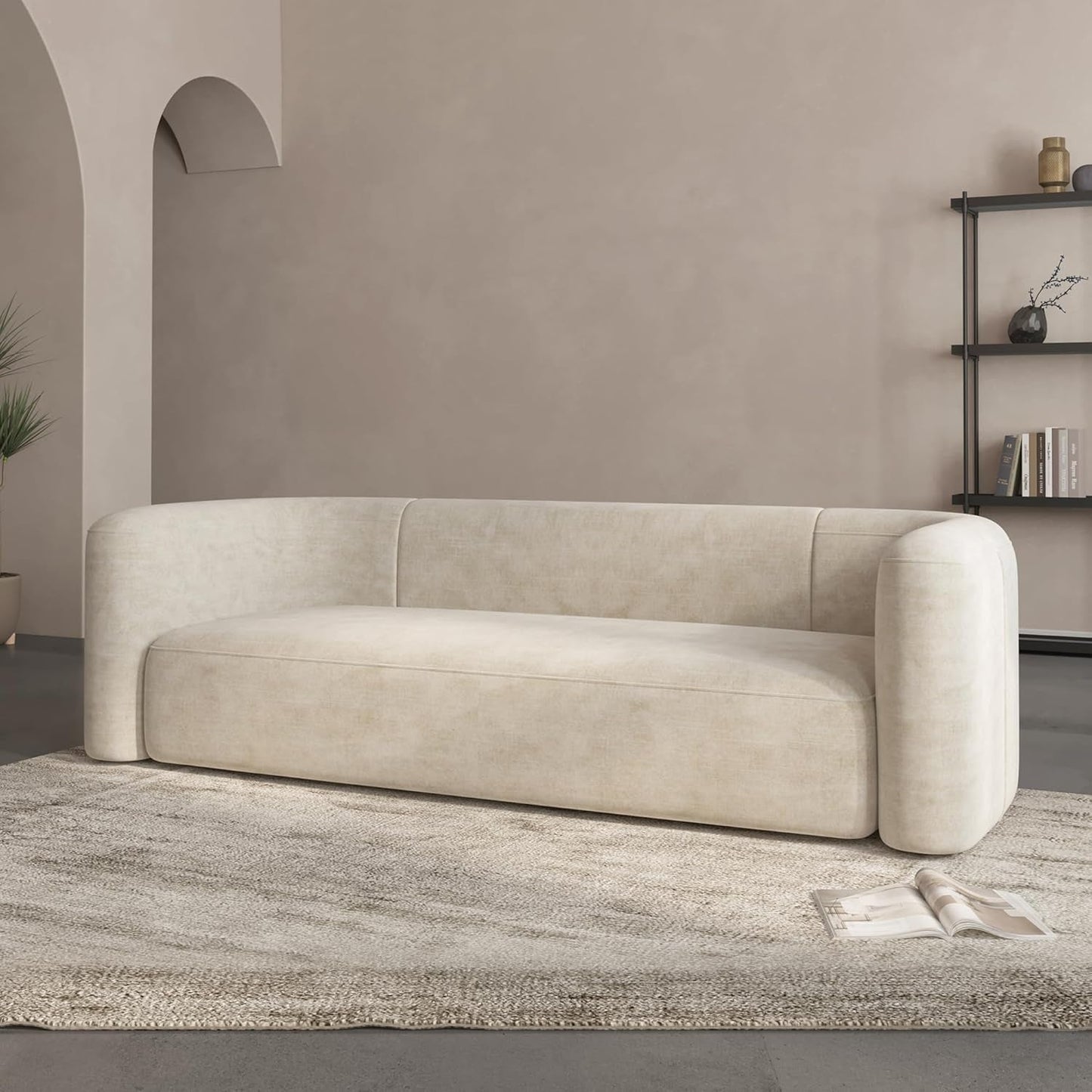 Cream Velvet 3 Seater Modern Sofa With Curved Backrest
