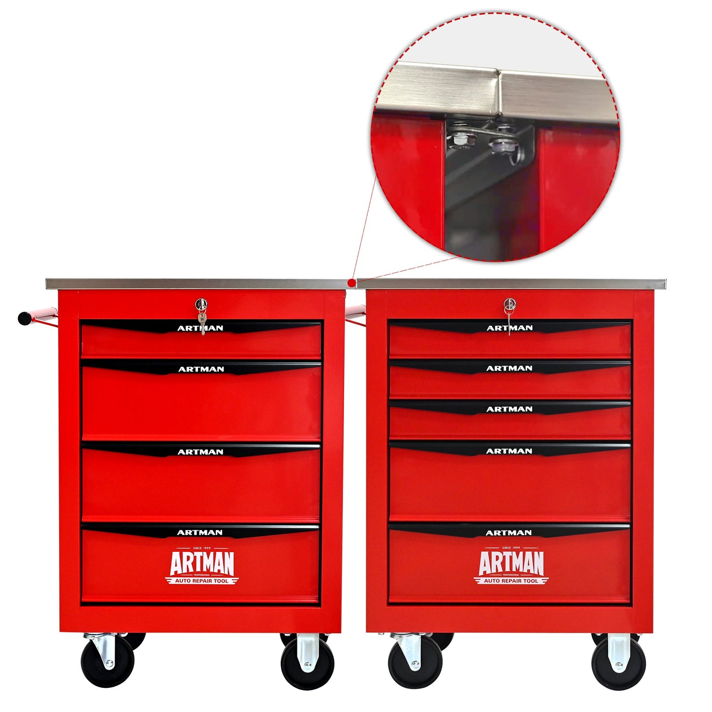 5 Drawers Multifunctional Tool Cart with Wheels,Metal Rolling Tool Cart Storage for Garage Workshop Warehouse Repair Shop--With Stainless Steel Roof--Red&Black