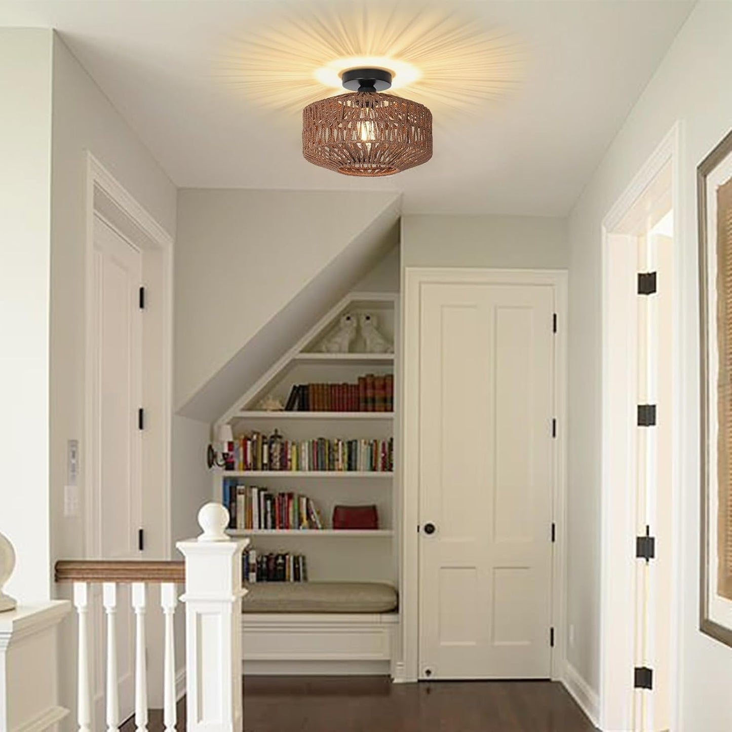Dark Brown Hand Woven Rattan Ceiling Light With Dimmable LED illuminating a cozy hallway with book shelves.