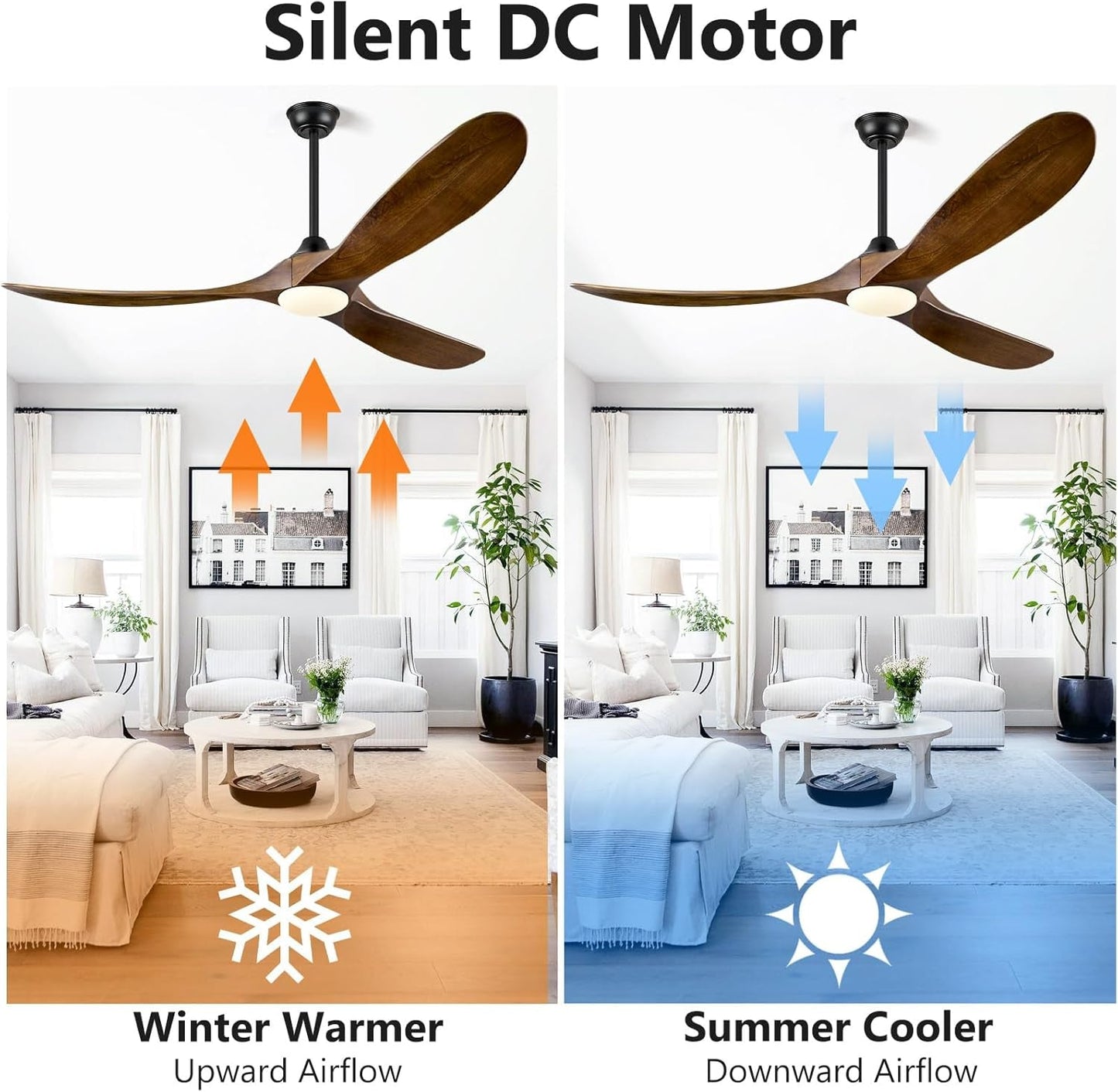 52 Inch Walnut Wood Ceiling Fan With Integrated LED Remote