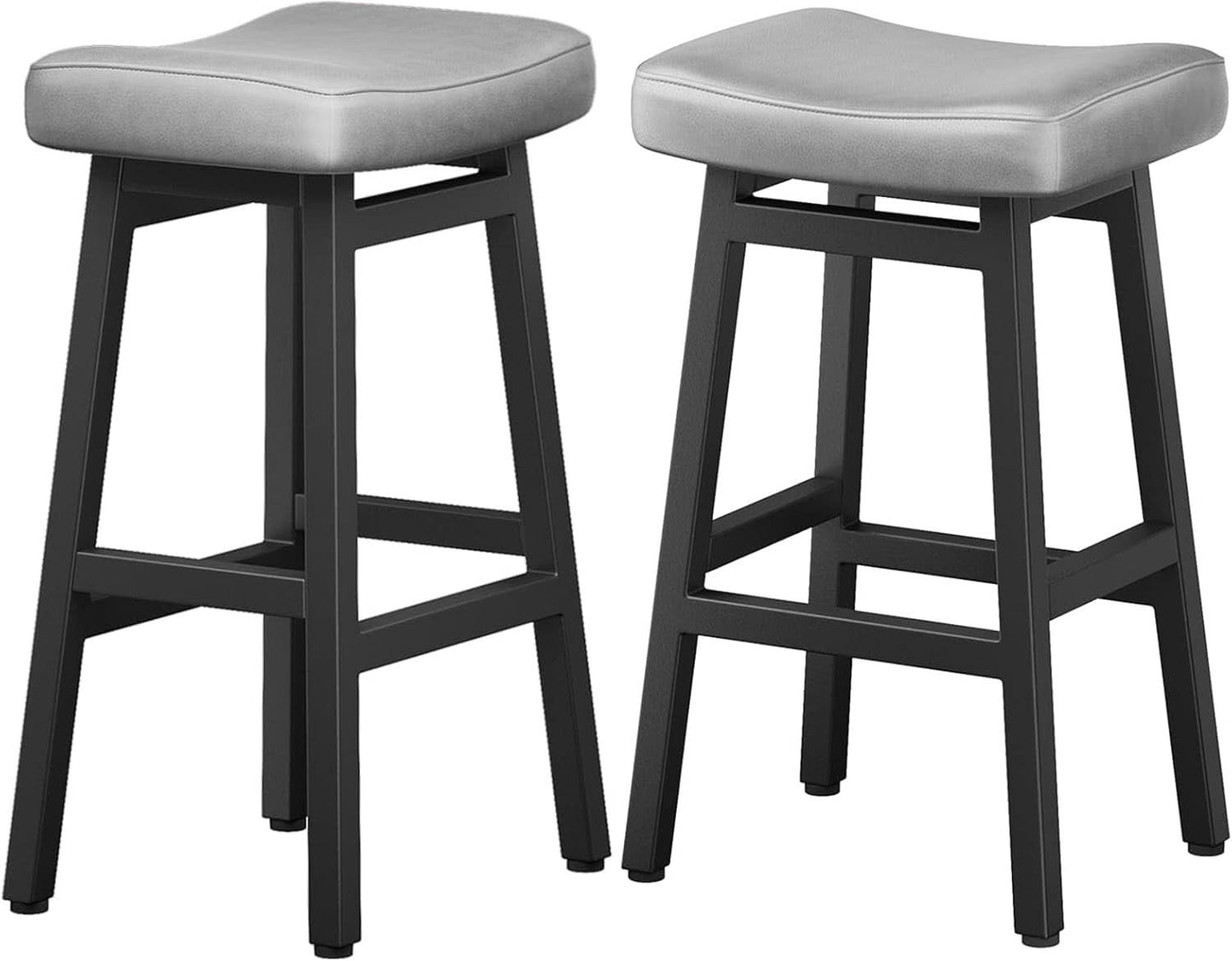 29 Inch Bar Stools Set of 2 All Black Bonded Leather Saddle Seats With Heavy Duty Metal Legs