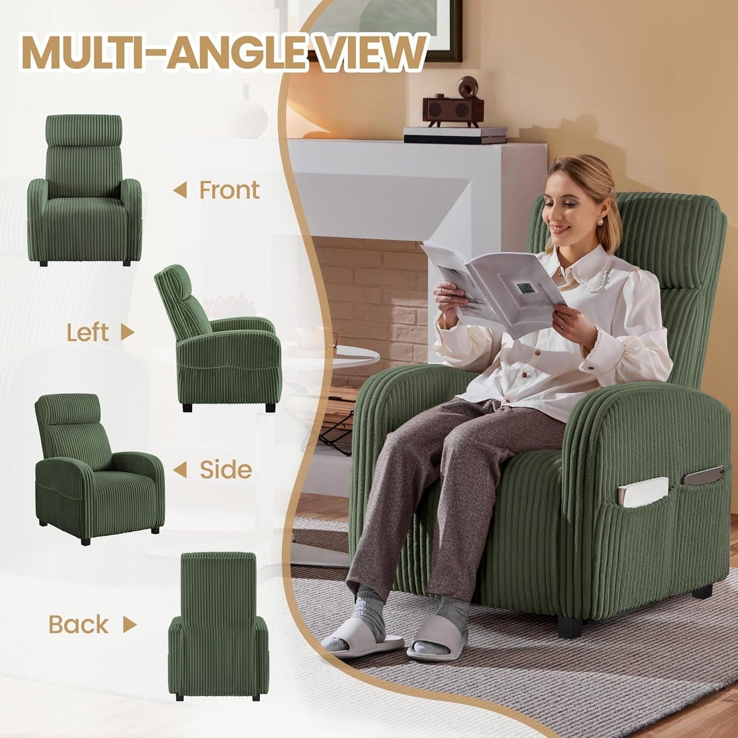 Corduroy Dark Green High-Back Armchair With Pockets
