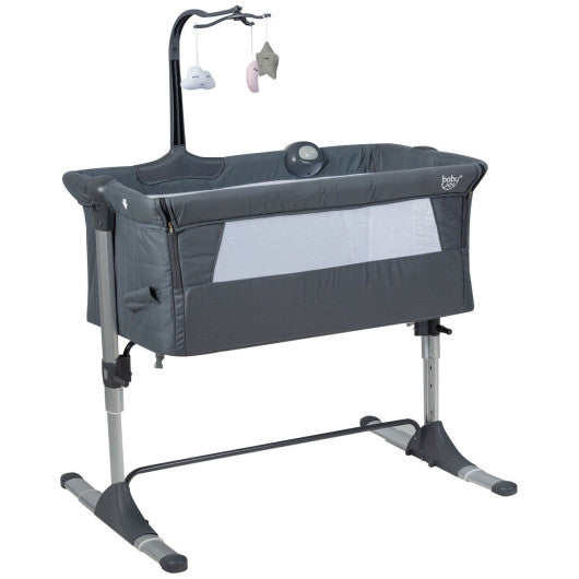 Height Adjustable Baby Side Crib with Music Box & Toys-Dark Gray featuring toy rack and adjustable height.
