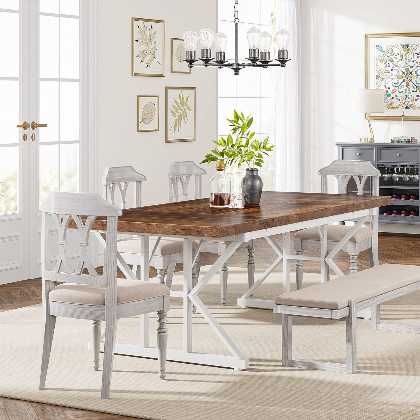 Farmhouse Dining Table For 6, 70.8 Inch Wood Table Two Tone